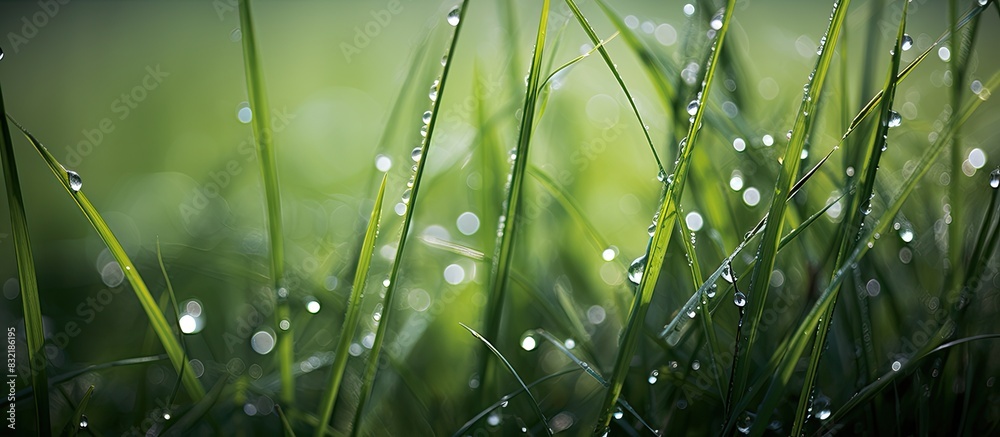 Poster nature shots of garden in spring macro of grass with water drops and flying bokeh perfect for screen