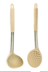 Kitchen spoon and ladle, isolated on white . There is free space for text. Collage. Vertical photo