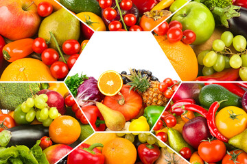 Set of vegetables and fruits. Mosaic pattern. Free space for text.