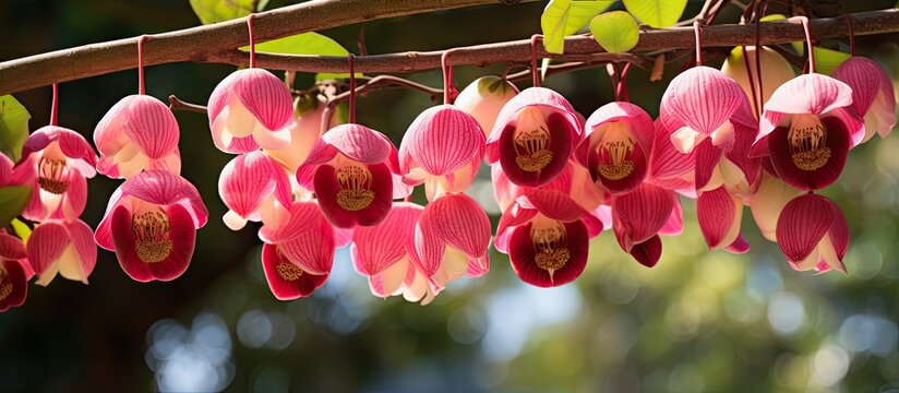 Sala or Cannon Ball Cannon Ball Tree Sal Tree Cannonball flower Couroupita guianensis. Creative banner. Copyspace image