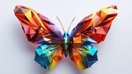 Mesmerizing digital 3D rendering of a low polygon geometric butterfly sculpture with vibrant colorful wings fluttering in a kaleidoscope of abstract patterns and designs
