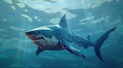 Fototapeta premium Mesmerizing low poly representation of a shark gracefully gliding through a serene digitally rendered underwater environment The simplistic geometric design and muted blue tones create a modern
