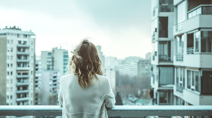 Woman observing an apartment complex from a distance - Powered by Adobe