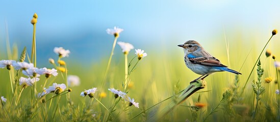 A small bird stands in a field of tall grass and wildflowers its head turned to the side. Creative banner. Copyspace image
