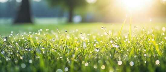 green grass with water drops bright sunlight green nature background summer meadow sunrise. Creative banner. Copyspace image