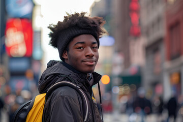 Candid portrait of a young man on a busy New York street