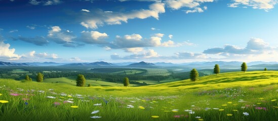 Naklejka premium nature landscape with flowers grass trees and clouds. Creative banner. Copyspace image