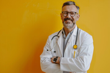 Cheerful mature doctor smiling and posing against yellow background