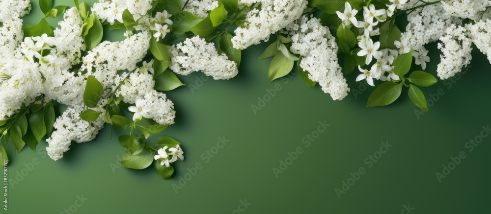 Aufkleber creative flat lay composition with blooming white lilac on a green background spring concept nature 