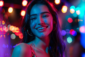 Fototapeta premium Cheerful young woman in vibrant night club with colorful lights