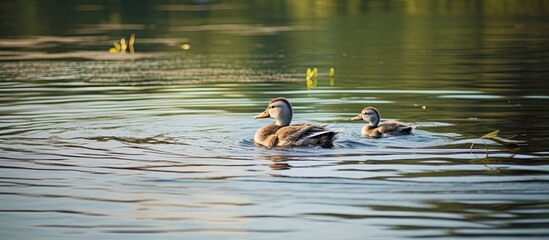 Two ducks swimming in a lake. Creative banner. Copyspace image