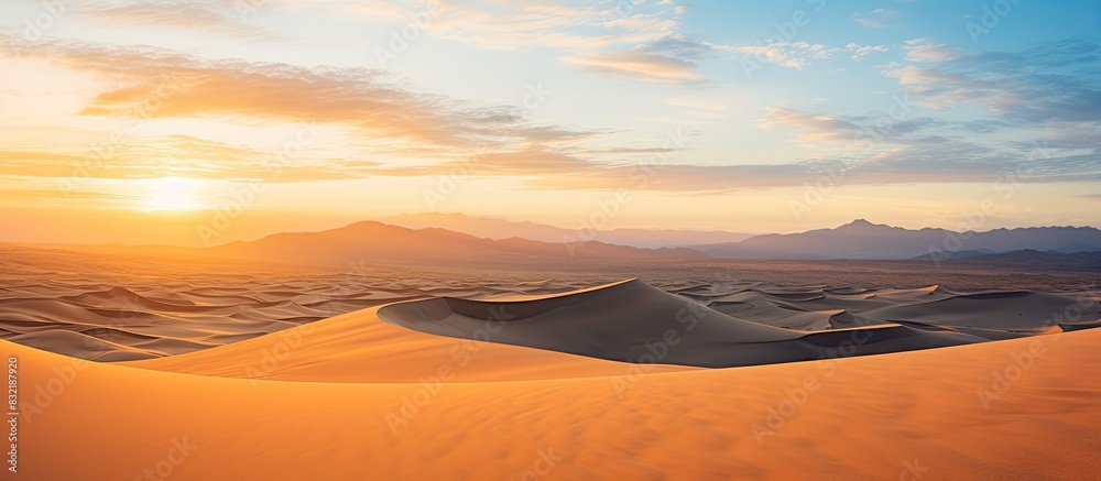 Poster dumas de maspalomas on gran canaria sunset view on empty dunes with ocean in the horizon. creative b