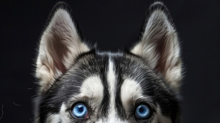 Obraz premium Close-up of Siberian Husky dog with blue eyes looking curious