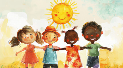 Drawn by kid in watercolors. Children of different nationalities, arm-in-arm, holding hands on sunny day. Peace, ethnic friendship, childhood, protection, adoption, multiracial unity, Children's Day