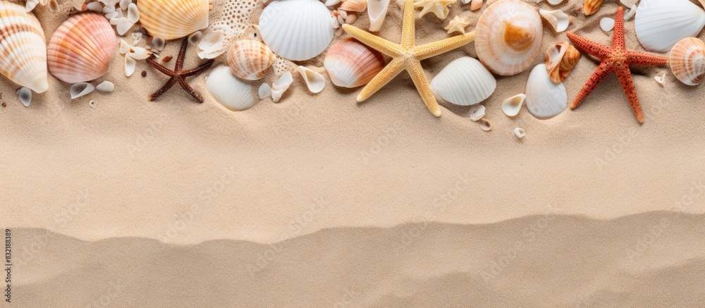Poster sea sand with starfish and shells top view with copy space