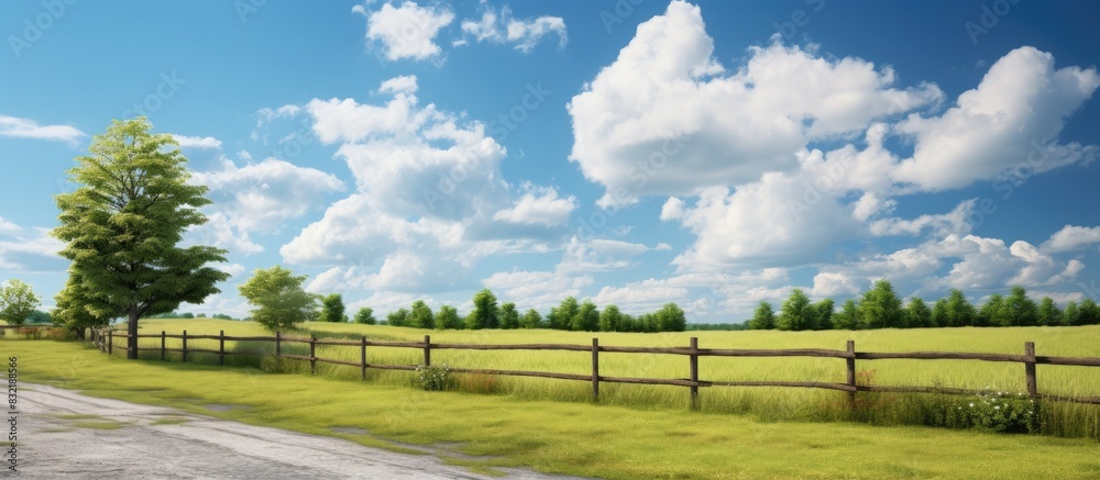 Poster a road with a fence and a field with trees in the background and a blue sky with clouds above. Creative banner. Copyspace image