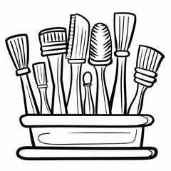 Black and white line drawing of various paintbrushes in a holder, ideal for coloring books and art projects.