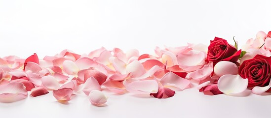 Photo of false roses and petals on a white background Selective focus. Creative banner. Copyspace image
