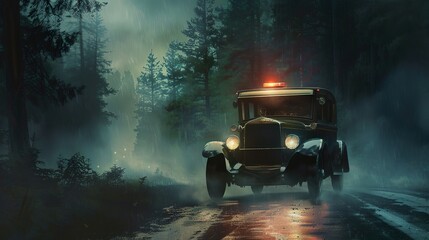 frazetta illustration of old vintage 1920s police car with single flashing red dome light on the roof is speeding down a dark eerie misty paved New Hampshire road at 