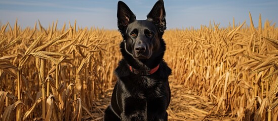 black shepherd is standing in a corn field. Creative banner. Copyspace image - Powered by Adobe