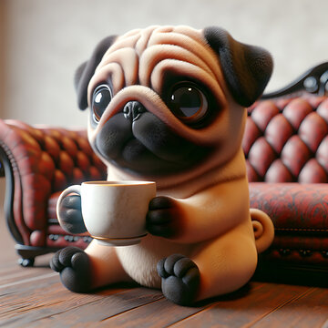 3d dog pug breed with coffee mug. Cute funny puppy and cup of coffee