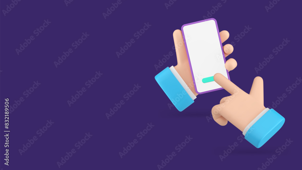 Poster smartphone application hand click button empty screen copy space menu 3d icon realistic vector