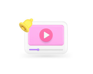 Multimedia content video player new blog vlog subscription ring bell alert 3d icon realistic vector