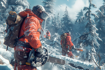 A team of workers in orange suits uses chainsaws to cut trees in a snowy forest, showcasing teamwork and determination