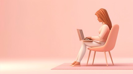 Fototapeta premium 3D woman character typing on a laptop, with a plain light pink background and a clean, modern chair