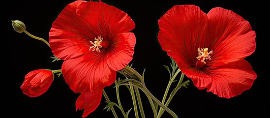 Two Red opened escholzia flowers with stamens and pestle. Creative banner. Copyspace image