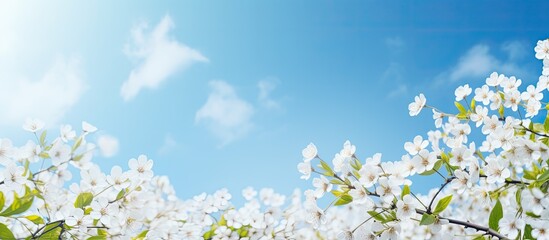 Banner with fresh white flowers blossoms blue sky Spring sunny day Springtime atmospheric mood Copy space