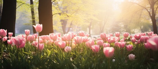 Beuatiful sweet pink tulips flower growing and blossom in spring season field with green leaves and branch a moment romantic in garden holiday and nature concept. Creative banner. Copyspace image - Powered by Adobe