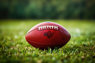 generated illustration of American football ball on green grass field