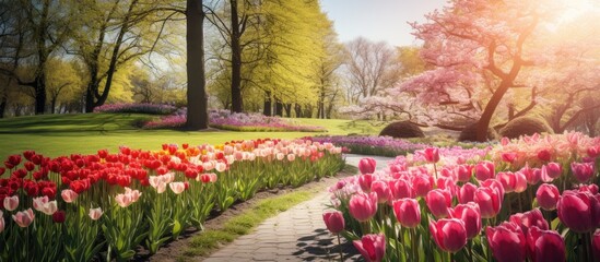 Tulips garden. Creative banner. Copyspace image