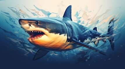 A fierce great white shark swimming underwater with mouth open and sharp teeth visible, showcasing its power and beauty.