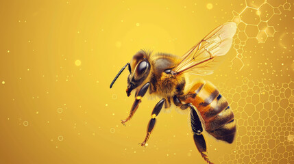 Close-up of a honeybee on a bright yellow background, highlighting its detailed features and importance to nature.