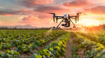 Obraz premium Agricultural drone equipped with biopesticide applicator spraying crops with natural pest control solutions, promoting sustainable farming practices. --ar 16:9 --style raw 