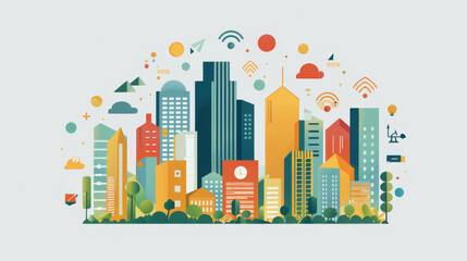 Vibrant flat design illustration of a cityscape, featuring various buildings and communication symbols in a modern, abstract style.