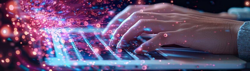 Obraz premium Closeup of hands rapidly typing on a laptop, bathed in a cascade of glowing data streams and digital particles, symbolizing hightech connectivity and cybersecurity