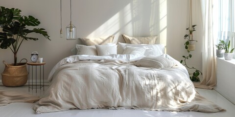 Luxurious bedroom with linen sheets and soft natural lighting, isolated white background, high detail, calming elegance