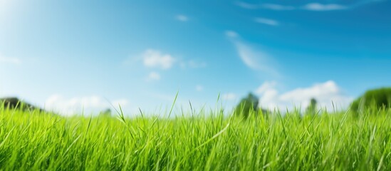 beautiful green grass after moving at sunny day nature background. Creative banner. Copyspace image