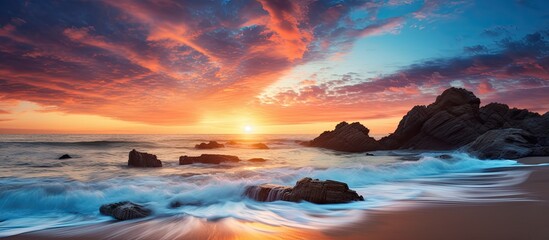 Fototapeta premium Sunrise at the beach. Creative banner. Copyspace image
