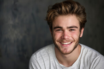 Obraz premium Handsome young man smiling in studio portrait against dark background