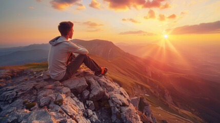 Young man sitting on mountain top during a breathtaking sunset