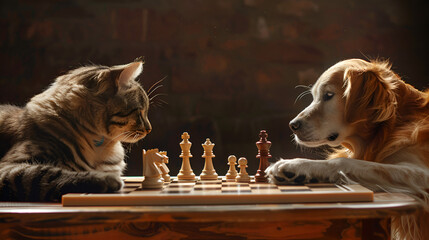 Cat vs dog playing chess,
Chess board with dog and cats playing a game of chess 