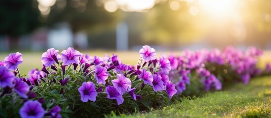 purple petunias grow on a long flower bed in the park selective focus. Creative banner. Copyspace image
