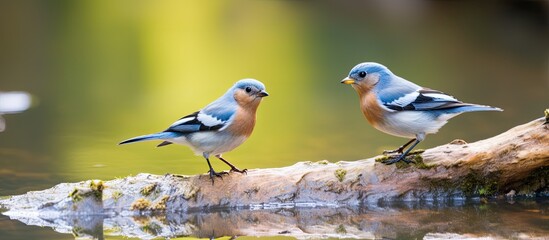 Blue Chaffinch Fringilla teydea in natural habitat. Creative banner. Copyspace image