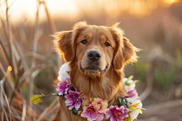 Elegant Dog Adorned with Colorful Flower Collar on Nature Background