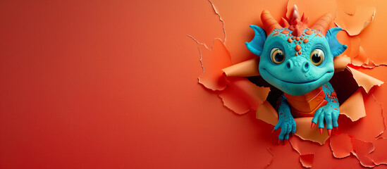 Cute Blue Dragon Breaking Through Orange Paper.