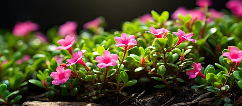 Moss rose purslane pink flower seasonal fresh shurb small size shurb looks very beautiful generally found everywhere seasonal. Creative banner. Copyspace image